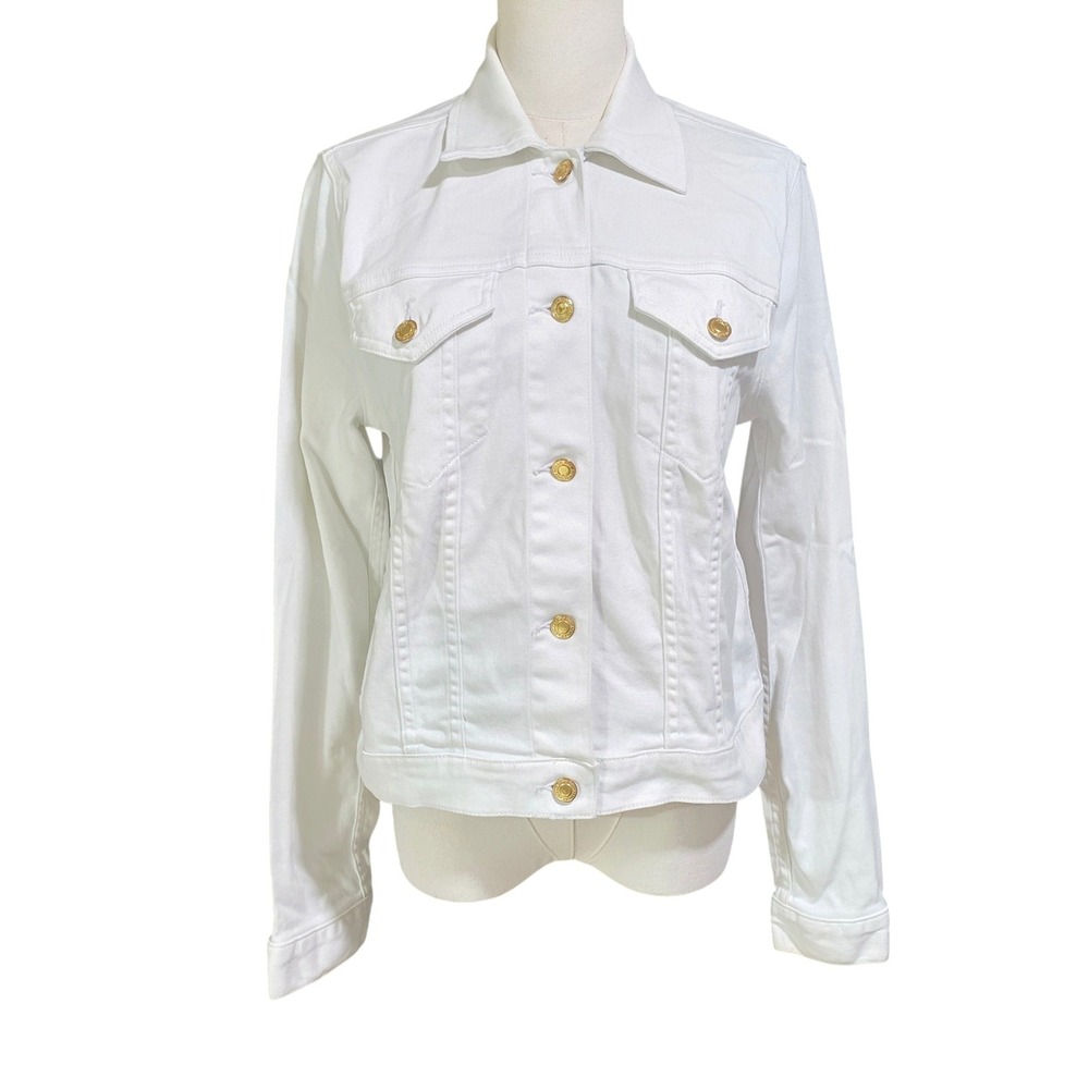 Michael Kors Denim Jacket Womens Medium White Gold Logo Button Trucker